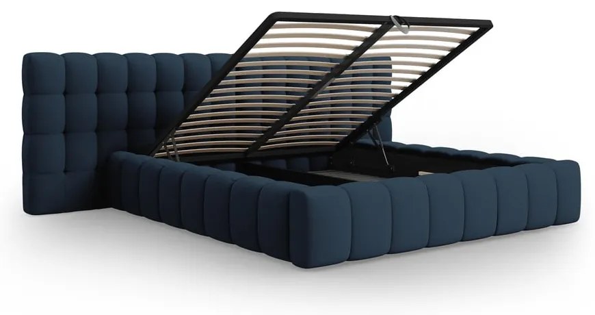 Sötétkék kárpitozott ágyneműtartós franciaágy ágyráccsal 200x200 cm Mamaia – Micadoni Home