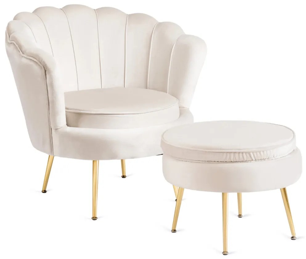 Elegáns Fotel Lábtartóval Krészínű Bársony Kárpittal. GRAND