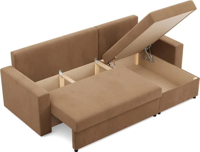 Zeus sarokkanapé, 2 ágyneműtartóval, egyenes kartámasz, szövet anyag, univerzális oldal, bonell töltet, barna