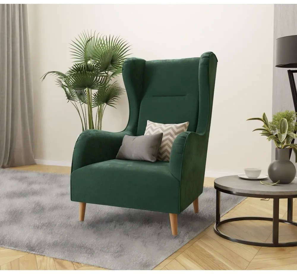 Sötétzöld bársony füles fotel Carole – Ropez