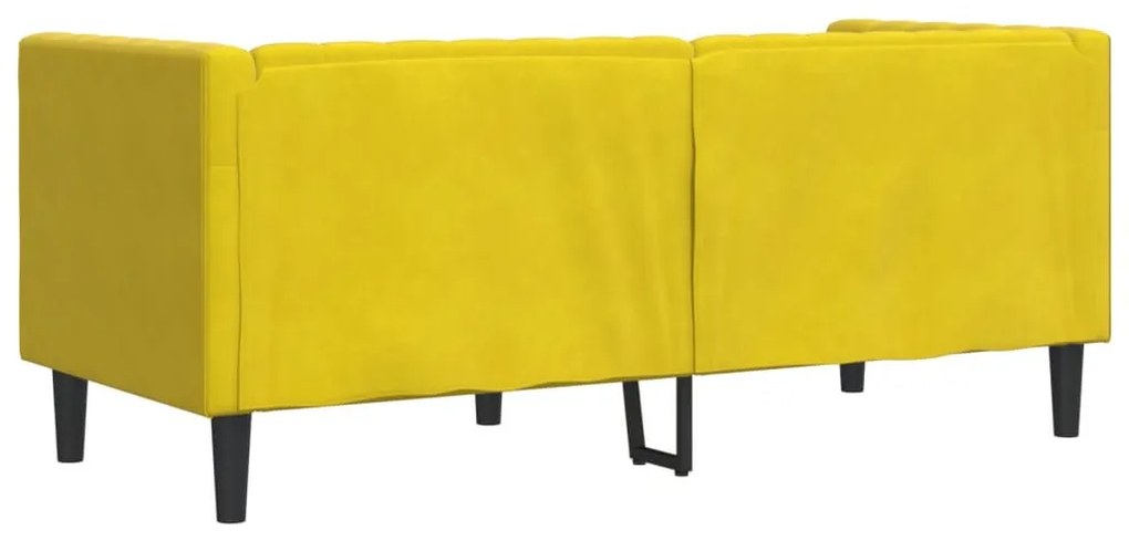 2 személyes sárga bársony Chesterfield kanapé hengerpárnákkal