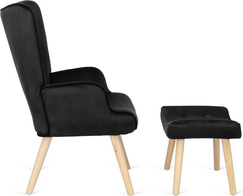 Pihenőfotel fekete színben, bársony kárpittal, lábtartóval LOZANO