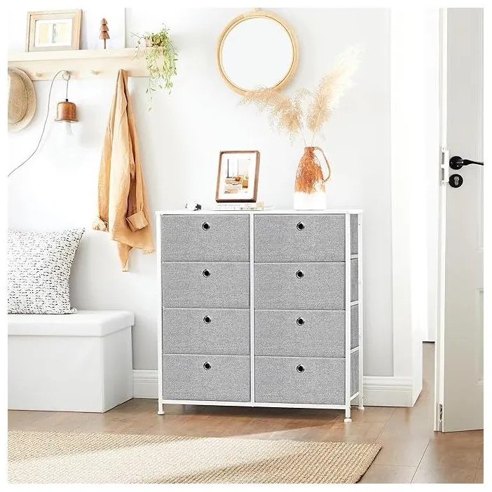 Komód, tárolóegység 8 könnyen kihúzható textilfiókkal, világosszürke és fehér színben