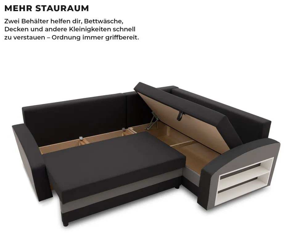 Grande sarokkanapé polcokkal , polc a jobb karfaban, jobboldali, szövet anyag, hab töltet, fekete - szürke