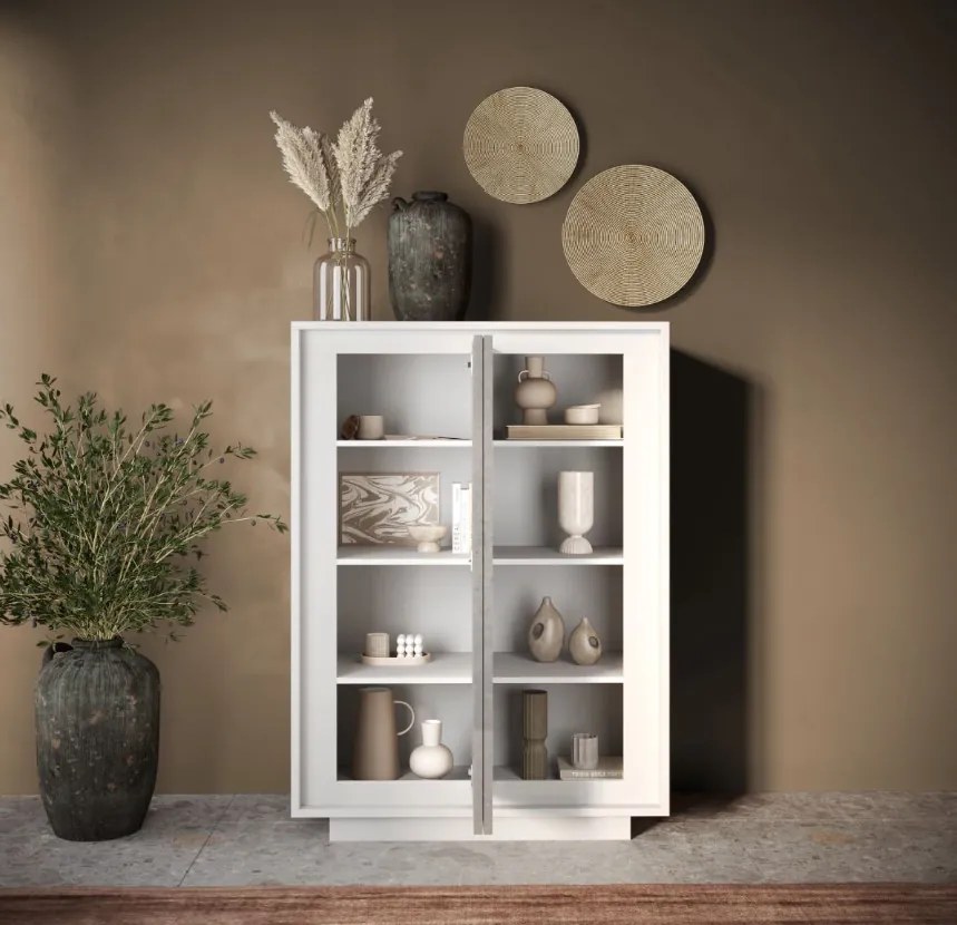 SKY 2.0 magas komód, 2 ajtóval, fehér matt lakkozott vázzal és betonhatású laminált előlapokkal