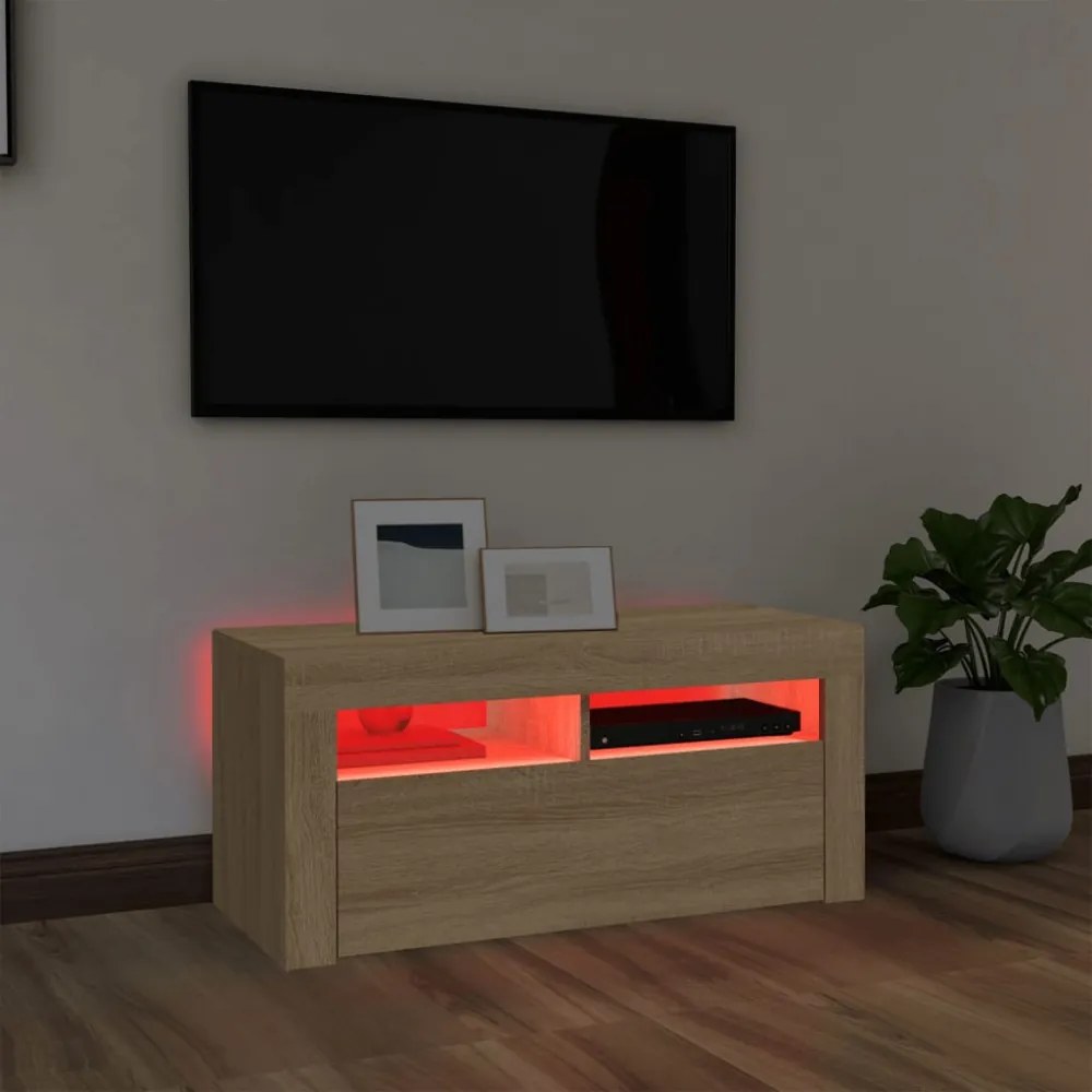 sonoma tölgy színű TV-szekrény LED-világítással 90 x 35 x 40 cm