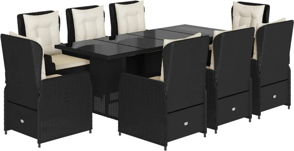 vidaXL 9 részes fekete polyrattan kerti étkezőgarnitúra párnákkal