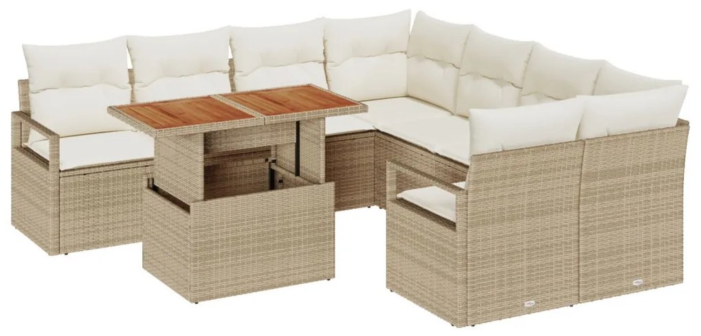 9 Darabos Kerti Kanapé Szett Párnákkal Bézs Poly Rattan Akác, 2-Fős Kerti Kanapé Párnákkal Bézs Poly Rattan