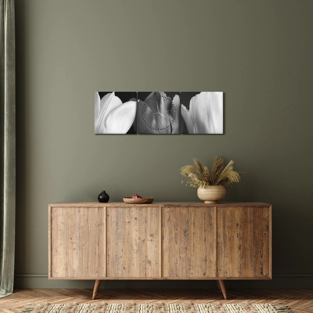 Kép - fekete-fehér tulipán virág (órával) (90x30 cm)
