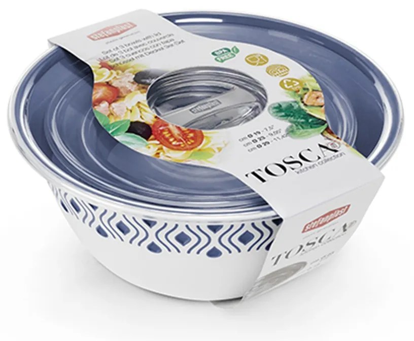 STEFANPLAST Műanyag tál Tosca, fehér/kék, 3 darabos készlet, fedővel