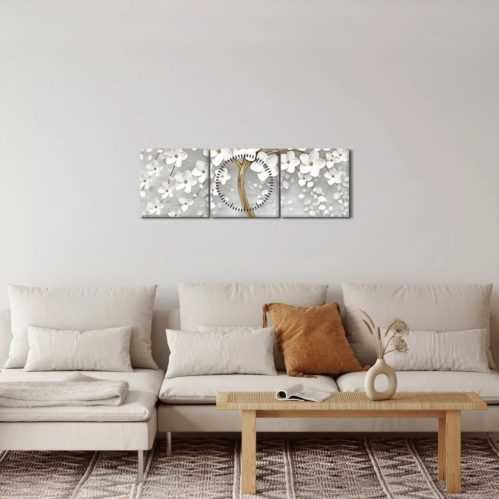 Fehér fa virágokkal képe (órával) (90x30 cm)