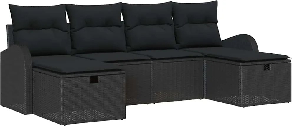 vidaXL Kerti Kanapé Szett párnával tárolóval 6 pcs Fekete polirattan