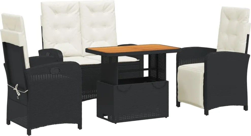 vidaXL 4 részes fekete polyrattan kerti étkezőszett párnákkal