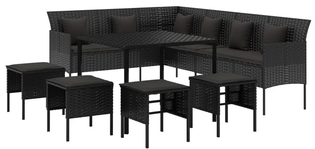 6 részes fekete polyrattan kerti étkezőgarnitúra párnákkal
