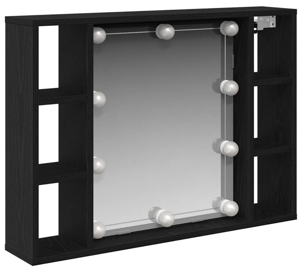 LED Tükör Szekrény - Fekete Tölgy - 76x15x55 cm - Mesterséges Fa