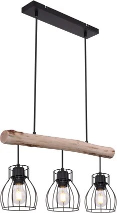 Globo 15326-3N Függeszték fém fekete drótháló búrával, natúr fa betéttel. LxBxH:600x136x2090, exkl. 3xE27 40W 230V