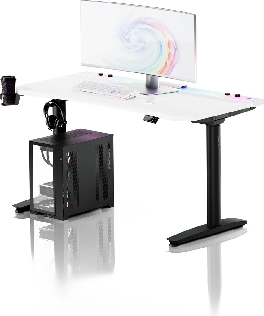 Elektromos RGB gamingasztal tartókkal, fehér-fekete, 140 cm: Diablo X-Forge 1400