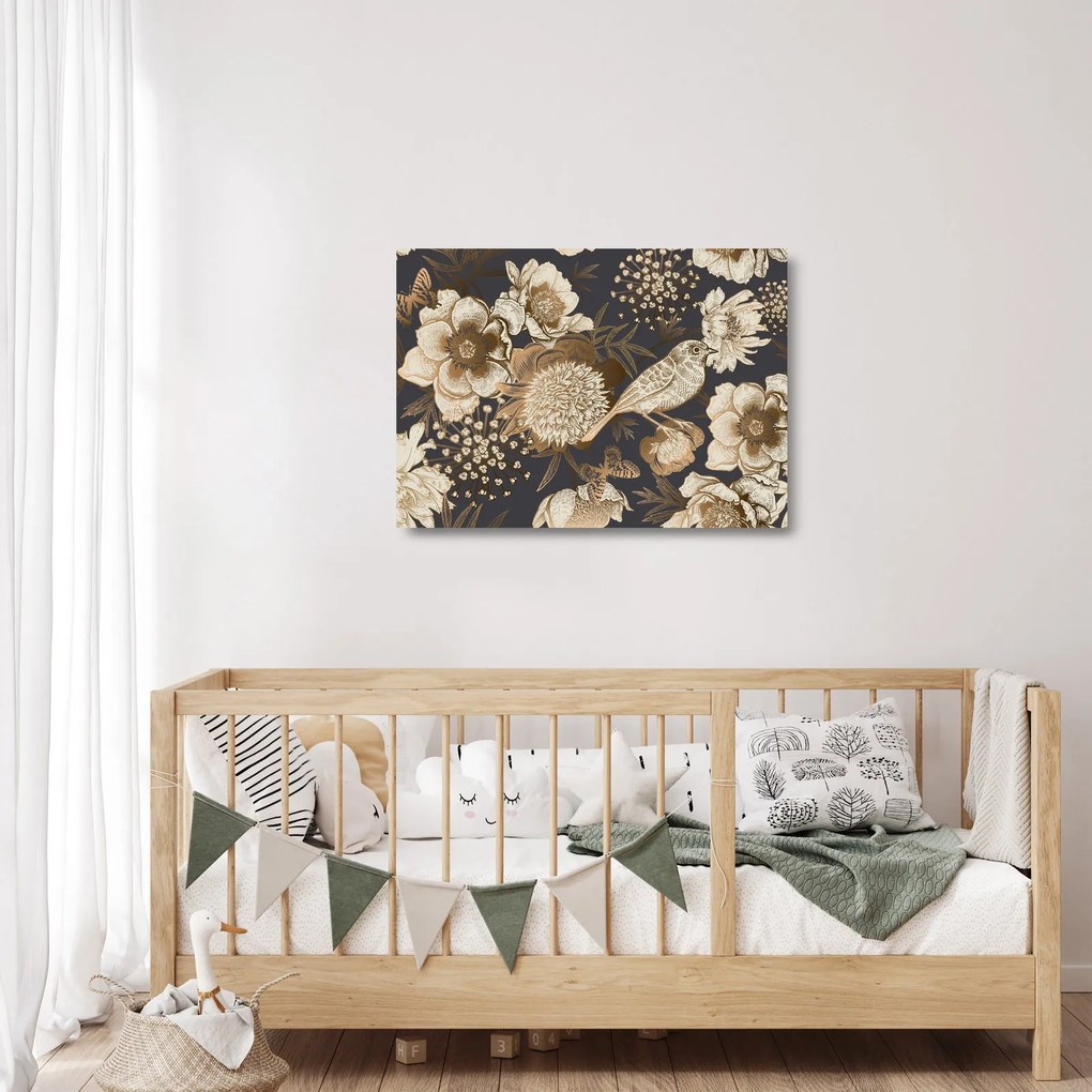 Sötét alapon arany virágok képe (üvegen) (70x50 cm)