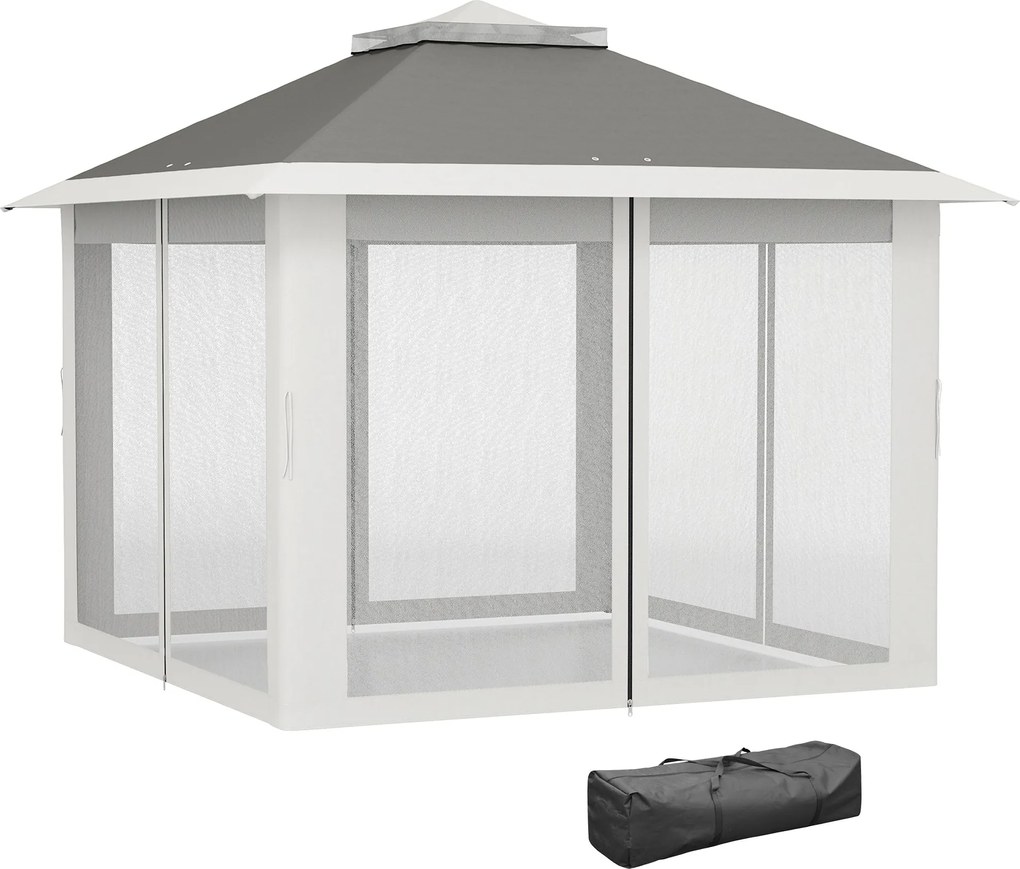Outsunny Felszerelhető Kerti Pavilon 3.3x3.3 m Magasságállító 3 Szinten Szúnyoghálóval, Oldalfalakkal és Táskával, Kültéri Pavilon Kéttetős Fém Tetőve