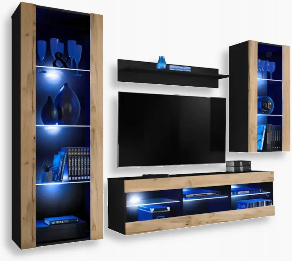 komodee Tivoli Medio Rtv szett nappaliba Fekete-Tölgy Wotan Kék Led