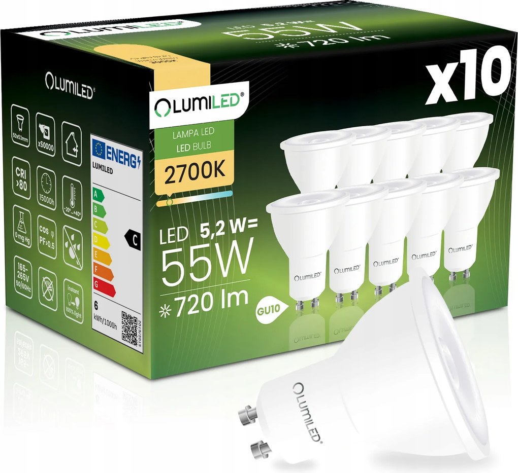 10x Led izzó GU10 Reflektor PAR16 5,2W 55W 720LM 2700K 38° Lumiled