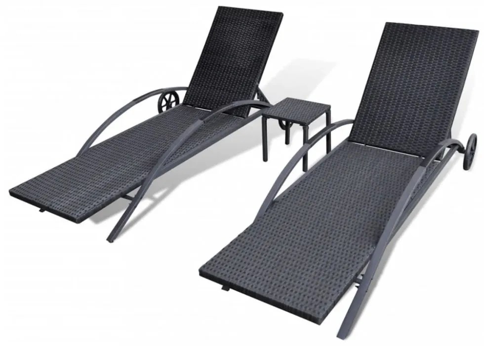fekete polyrattan napozóágyak asztallal
