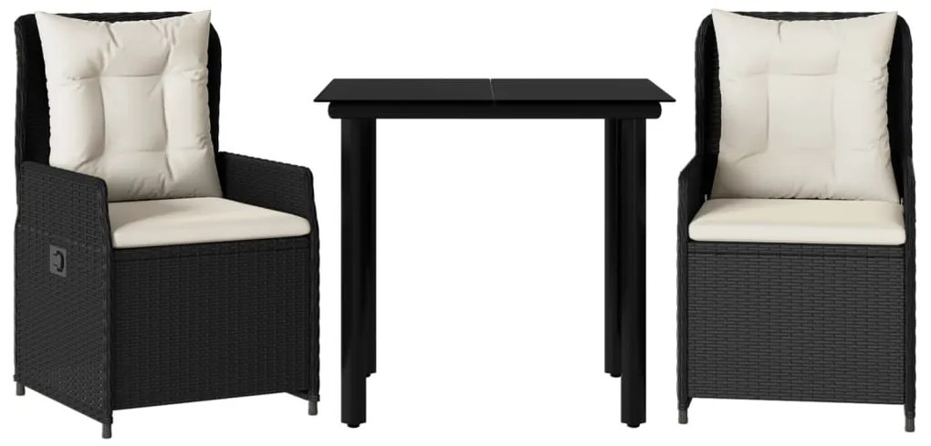 3 részes fekete polyrattan kerti étkezőgarnitúra párnákkal