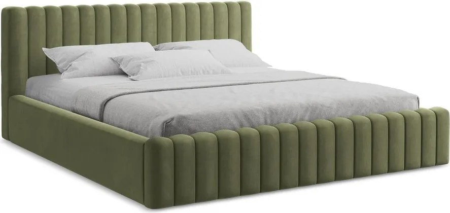 Zöld kárpitozott ágyneműtartós franciaágy ágyráccsal 160x200 cm Lemi – Makamii