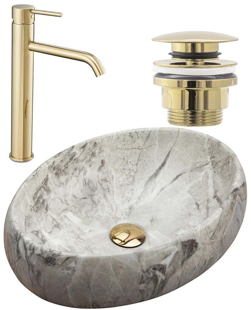 készlet Pultos mosdó Linda stone + Fürdőszobai csaptelep Lungo gold + Dugó gold
