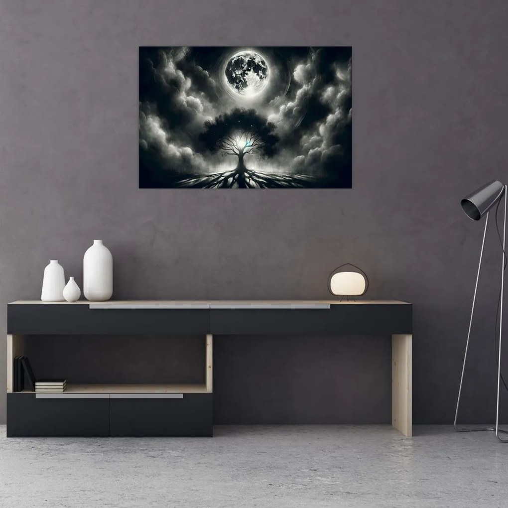 Kép – Fekete-fehér fa teliholdban (90x60 cm)