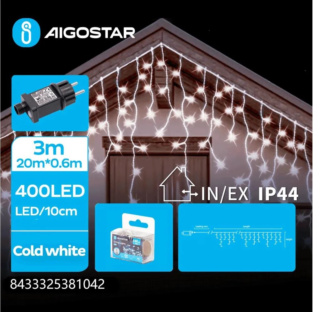 Aigostar - LED kültéri karácsonyi fényfüzér 400xLED/8 üzemmód 23x0,6m IP44 hideg fehér