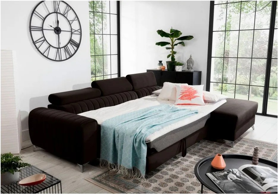 Sötétbarna bársony kinyitható-tárolóhelyes sarokkanapé (jobb oldali-heverő résszel) Grayson – ELTAP