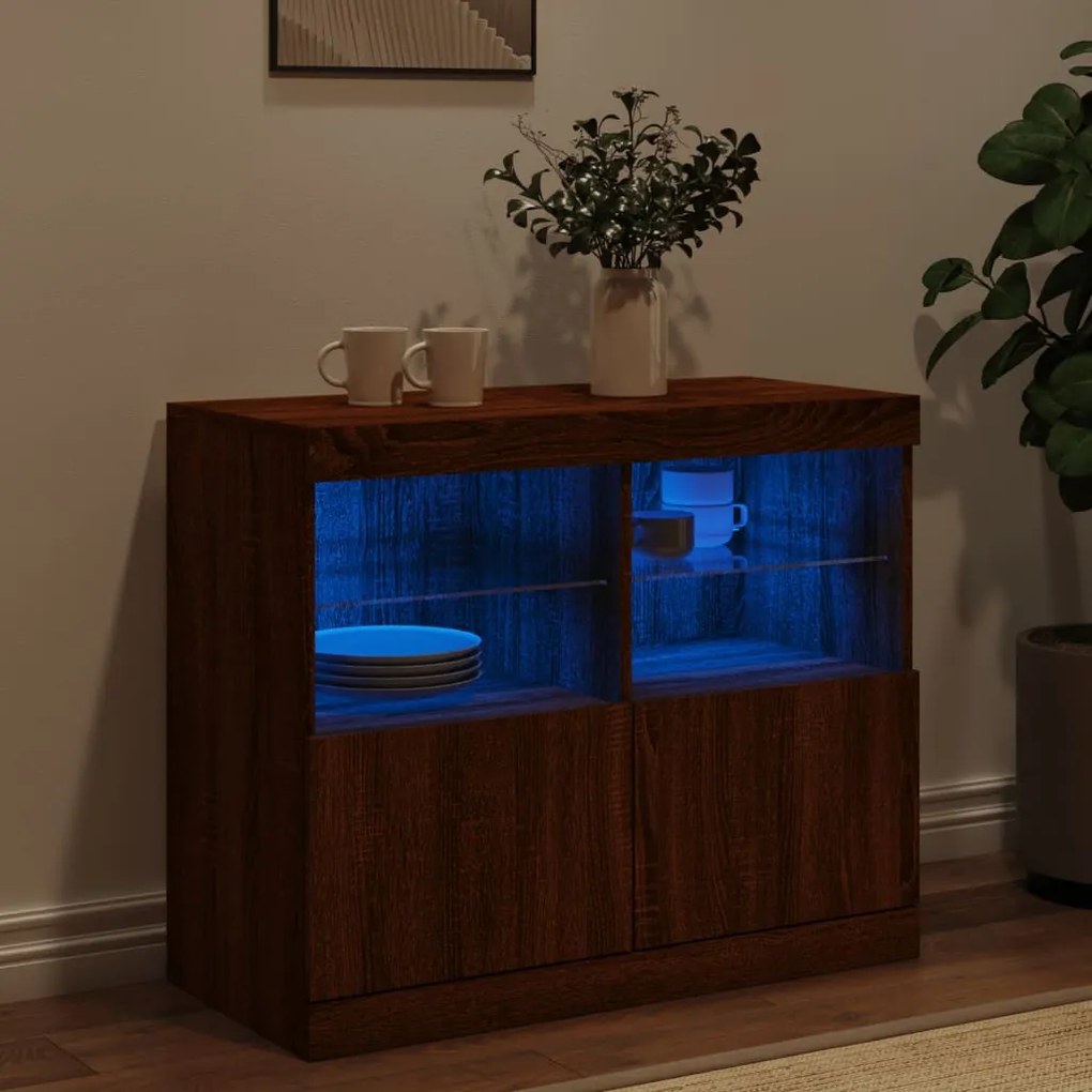 barna tölgy színű tálalószekrény LED-ekkel 81 x 37 x 67 cm