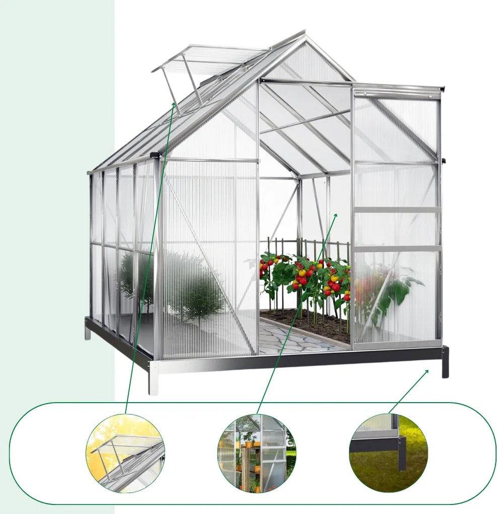 M4 polikarbonát kerti üvegház alappal, 250x190x195cm, átlátszó Gardebruk