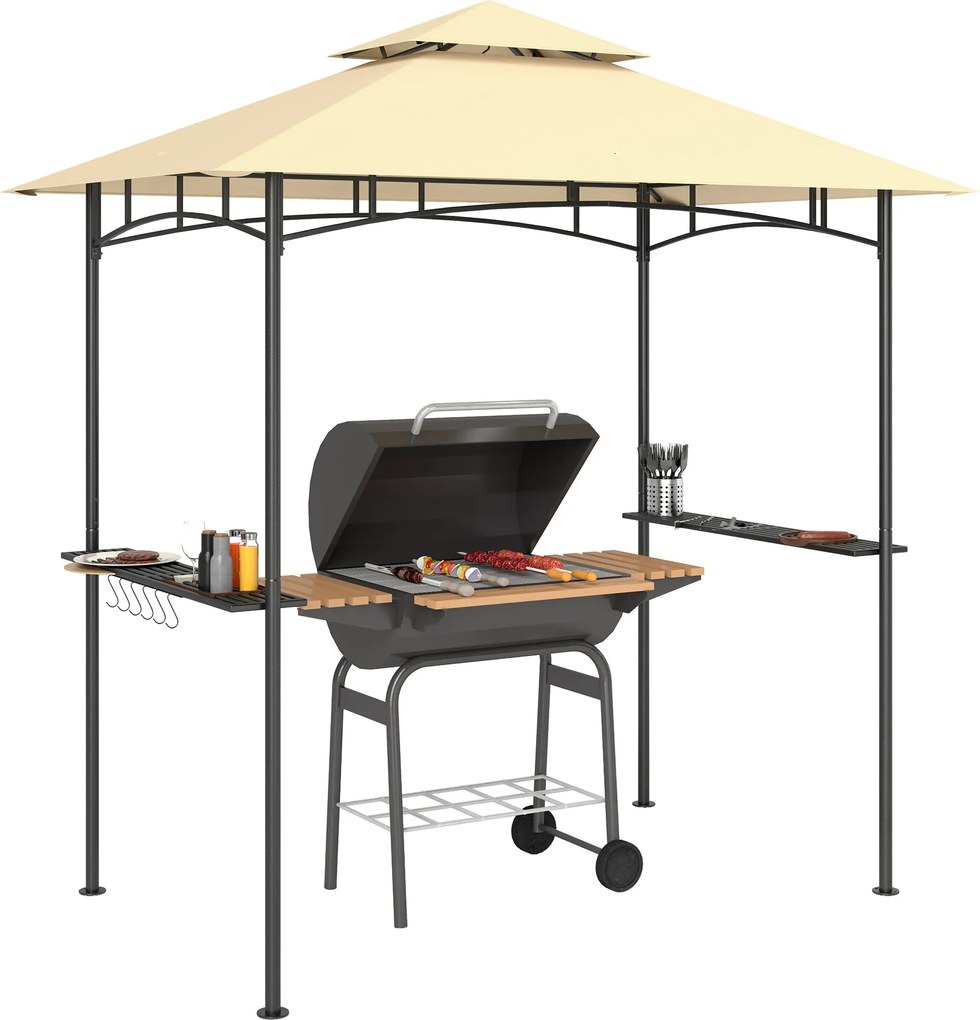 Outsunny Grill Kerti Pavilon LED fényekkel 240 x 150 x 258 cm vízlepergető tűzálló kerti pavilon dupla rétegű tetővel, oldalsó polcokkal, UV-védelemme