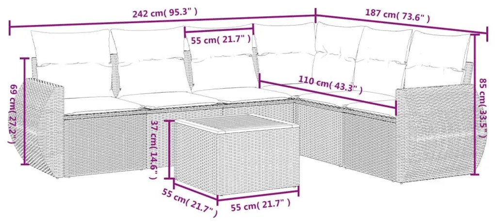 7 részes fekete polyrattan kerti ülőgarnitúra párnával