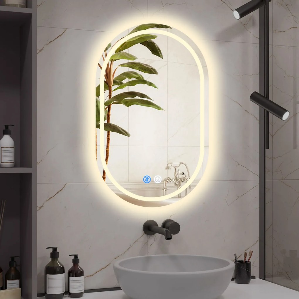 Erga Lyra, ovális LED tükör 40x60cm, 3 fényszín, első és hátsó világítás, páramentes fűtőpárna, ERG-V01-LYRA-4060-CL