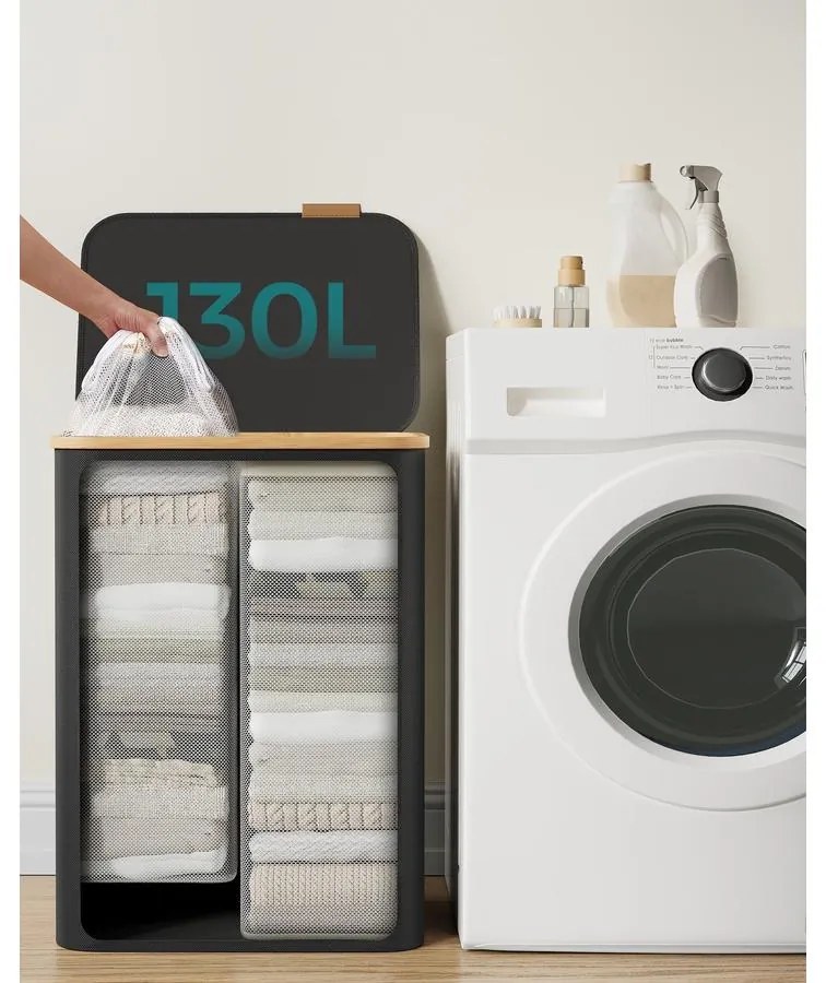 SONGMICS szennyeskosár fedéllel 130L, 2 rekeszes nagyméretű szennyes tartó, fekete