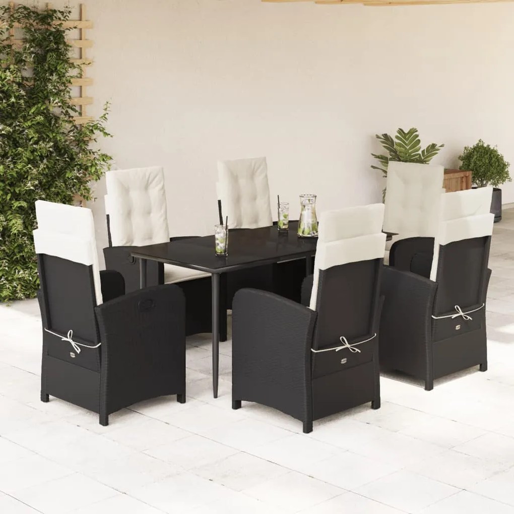 7 részes fekete polyrattan kerti étkezőgarnitúra párnával