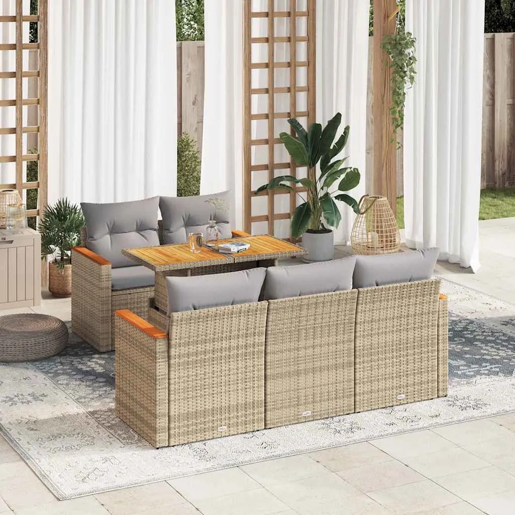 6 részes bézs polyrattan akácfa kerti ülőgarnitúra párnával