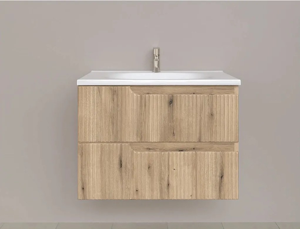 Piramida EURIDIKA fali fürdőszobabútor - műmárvány mosdóval -2 ajtós - PINO TÖLGY - 75 x 48 x 53 cm