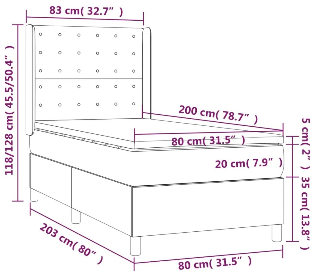 fehér műbőr rugós ágy matraccal és LED-del 80 x 200 cm