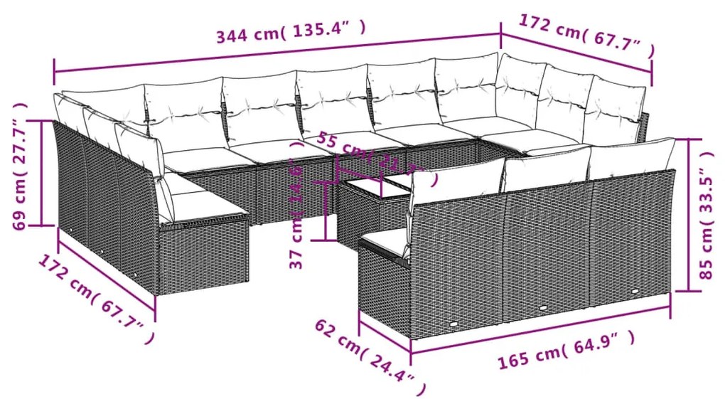 14 részes bézs polyrattan kerti ülőgarnitúra párnával