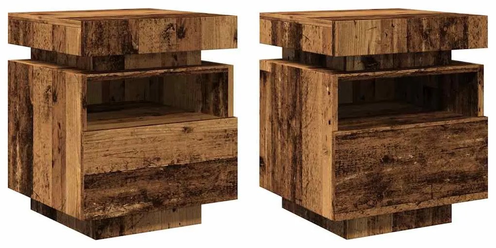 2 db antik fa színű éjjeliszekrény LED-fényekkel 40x39x48,5 cm