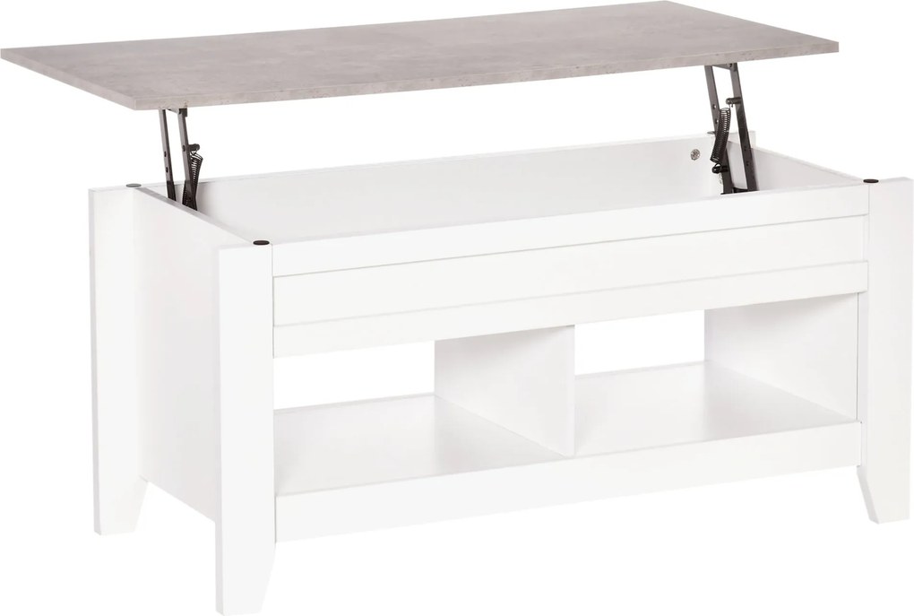 HOMCOM Lift-Top Kávasztalemelő Felülettel, 2 Nyitott Rekesszel és Rejtett Tárolóhellyel 105x50x49 cm Fehér és Márványhatású | Aosom
