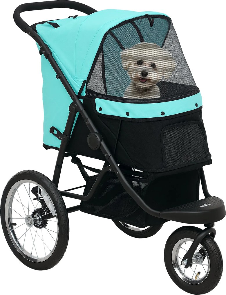 PawHut Kutyakocsi Jogger Kutyabuggy összecsukható kis kutyák és macskák számára 10 kg-ig, 3 nagy gumikerékkel, párnázott hálós ablakokkal, tároló kosá