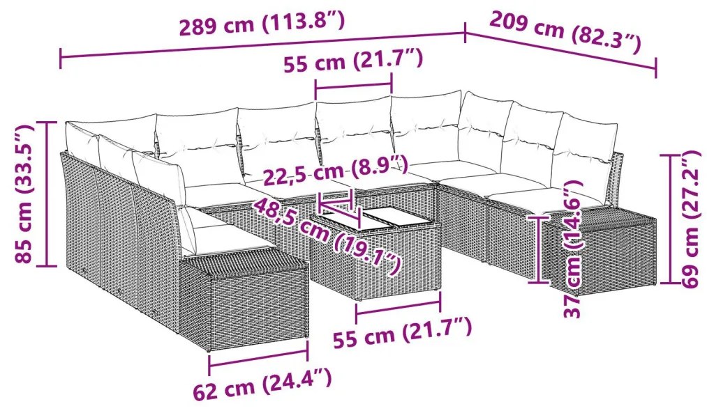 Kerti Kanapé Szett párnával 10 pcs Világosszürke polirattan