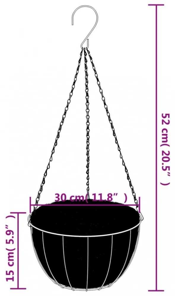 4 db fekete acél függő növénytartó kókusz béléssel Ø 30 x 52 cm