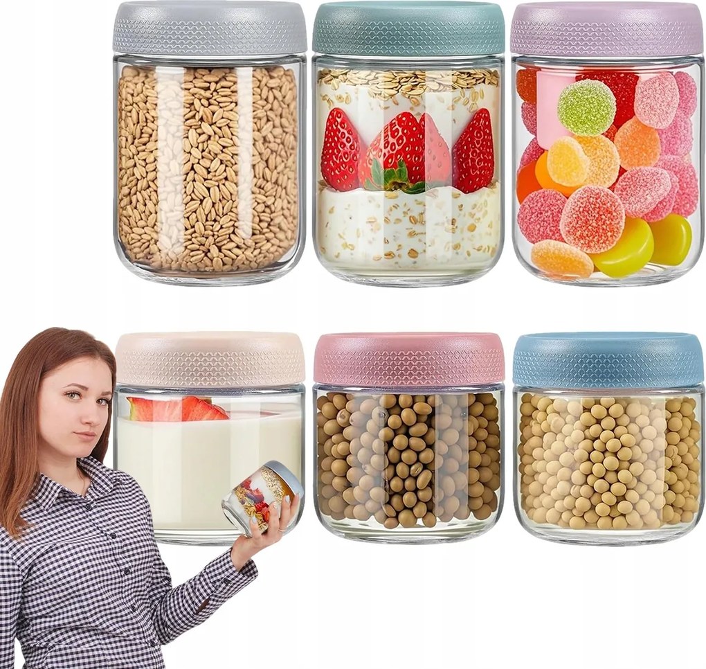 6x Reggeliző Tégelyek Joghurt Zabkása Légmentesen Záródó Fedél Overnight Oats