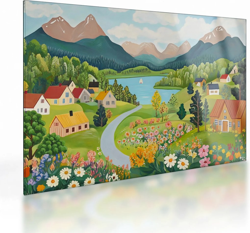 Üveg Üveg kép - Falu a hegyekben (70x50 cm)